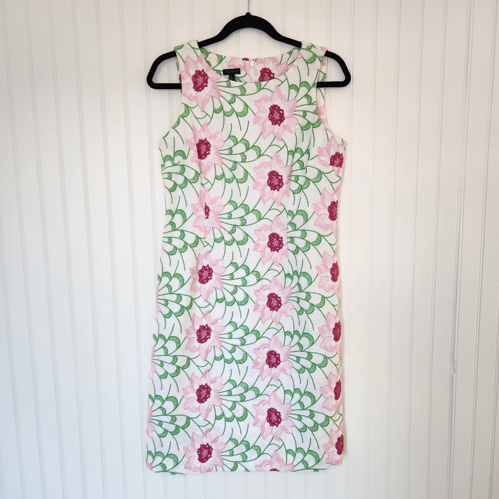 Talbots White Floral Sheath Dress with Pink & Green Print